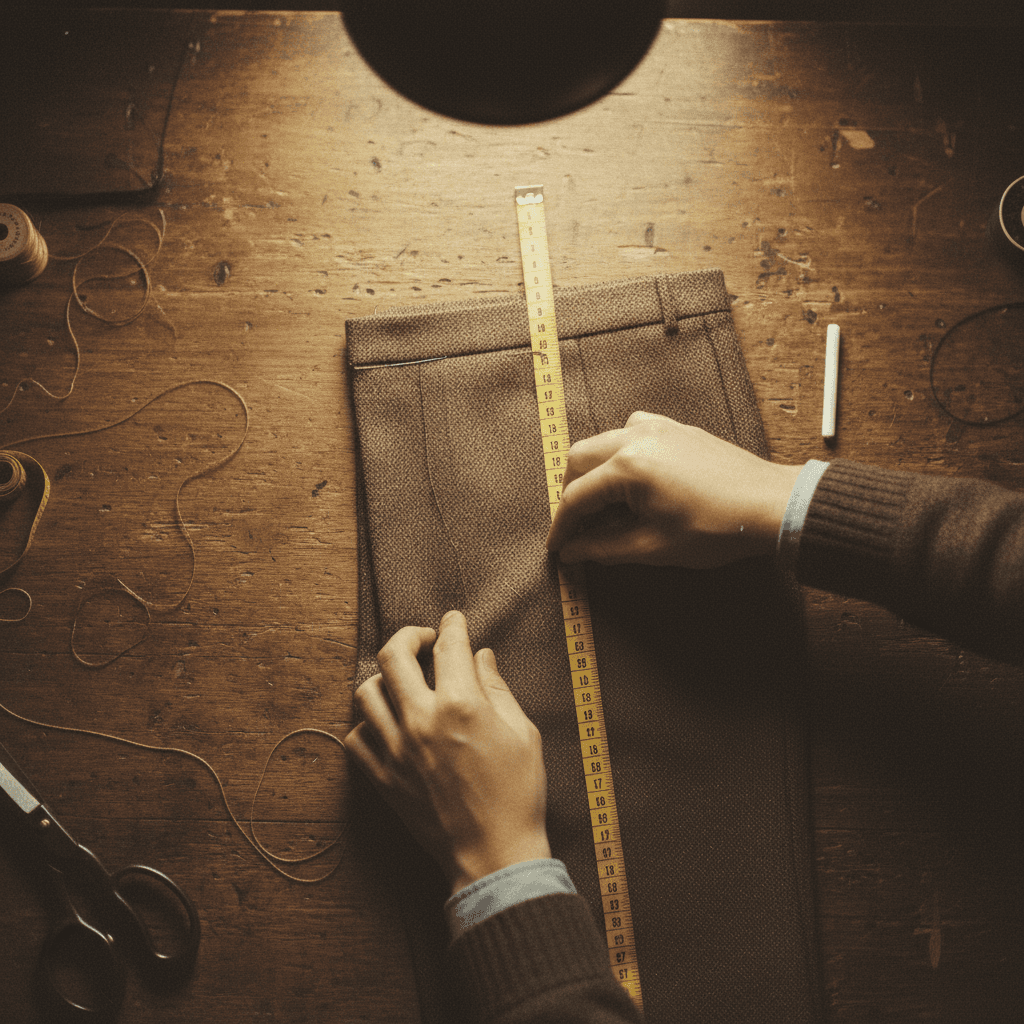 Tailor measuring and pinning fabric for custom trousers