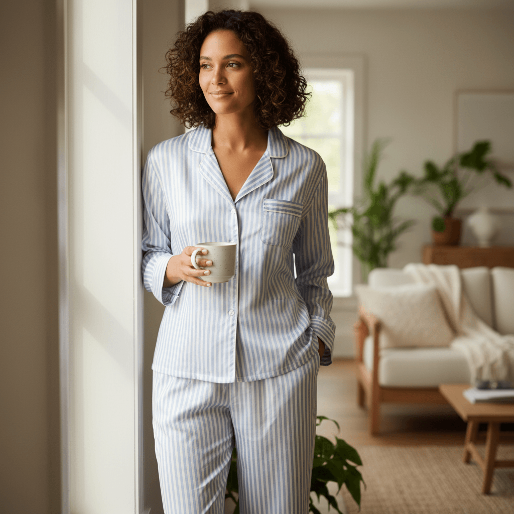 Customer wearing custom-tailored pajamas