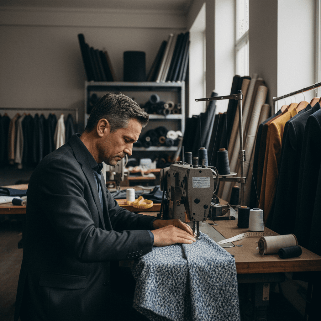 Skilled tailor operating sewing machine with precision