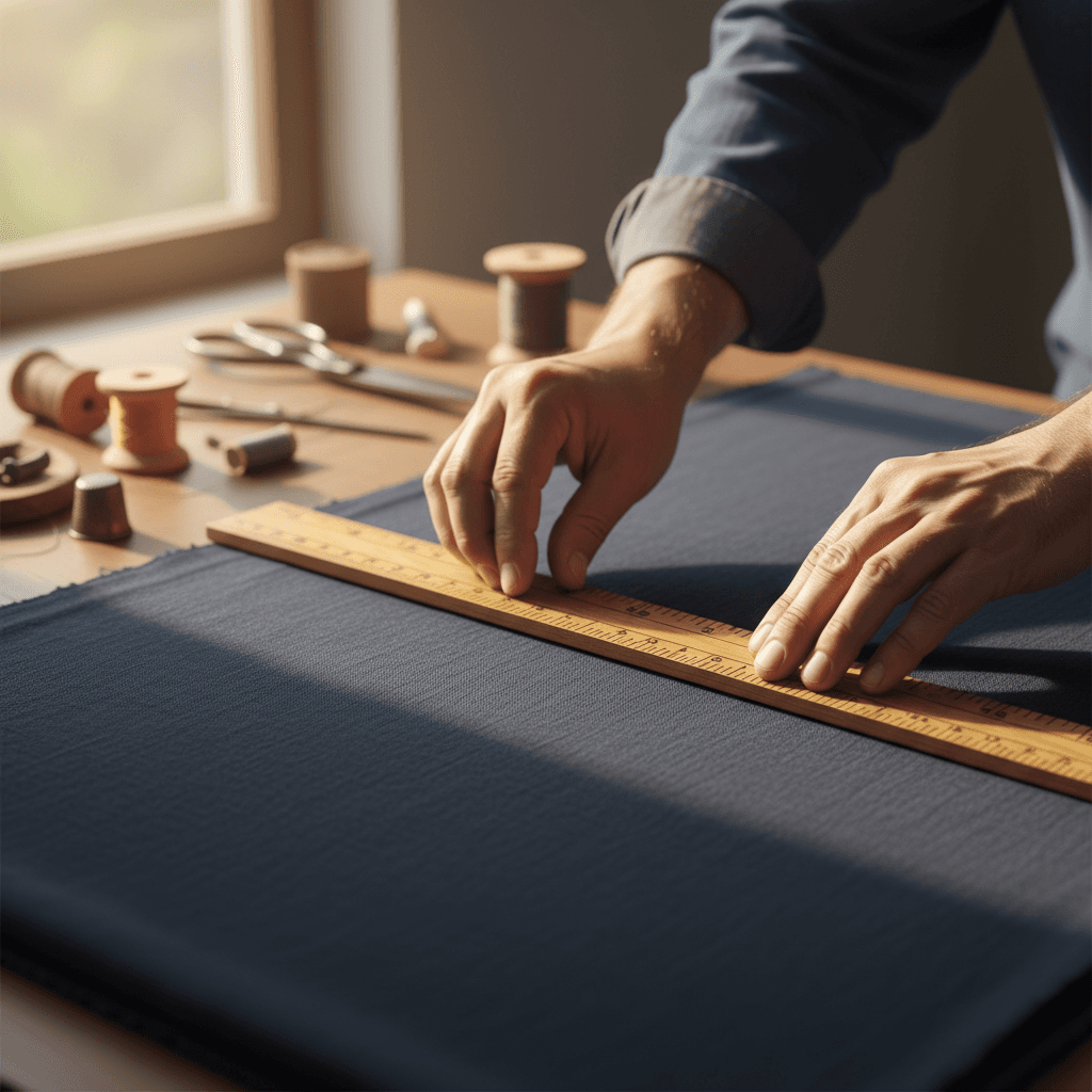 Tailor measuring fabric with precise hand placement