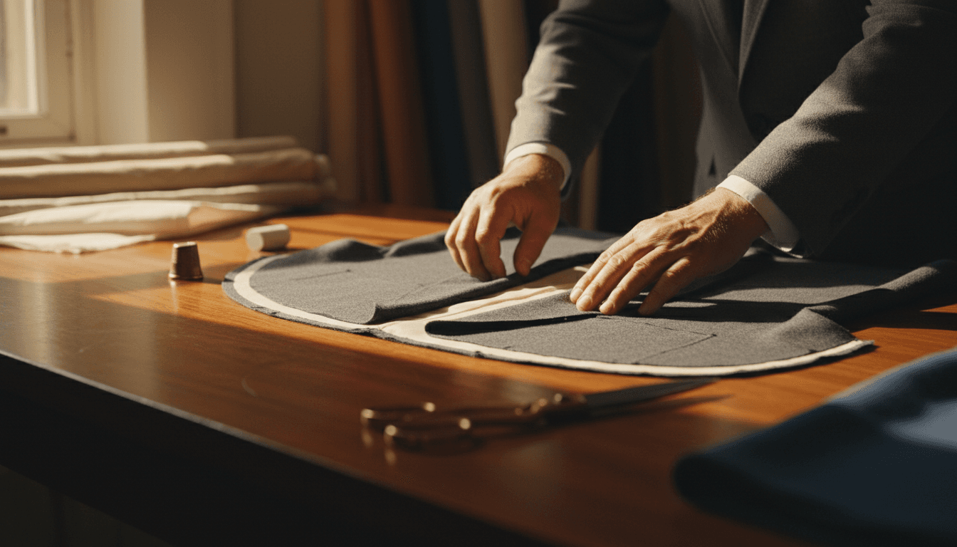 Master tailor carefully positioning a blazer on a wooden workbench with quality fabrics in the background