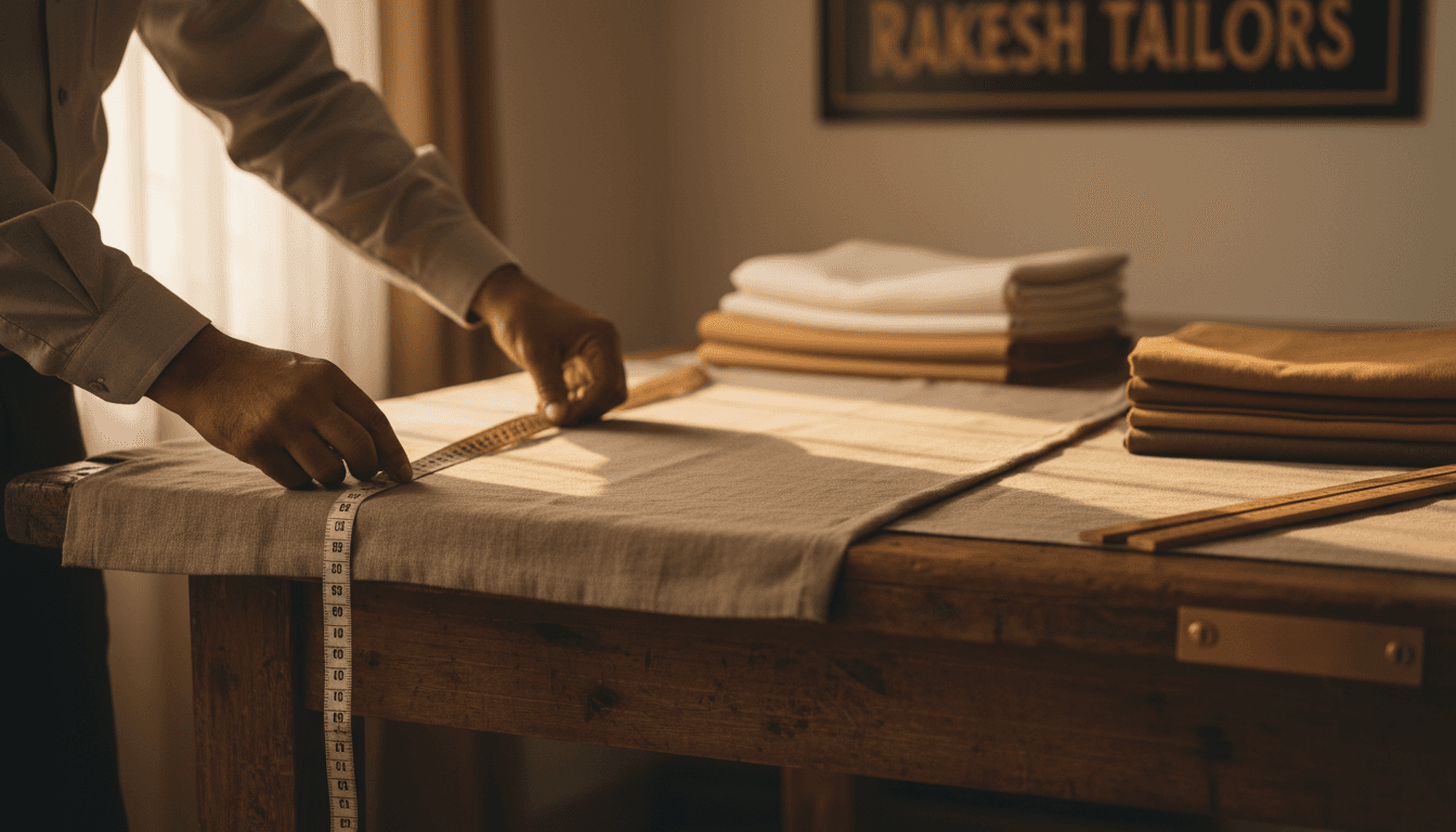 Skilled tailor's hands carefully measuring fabric with precision tape measure