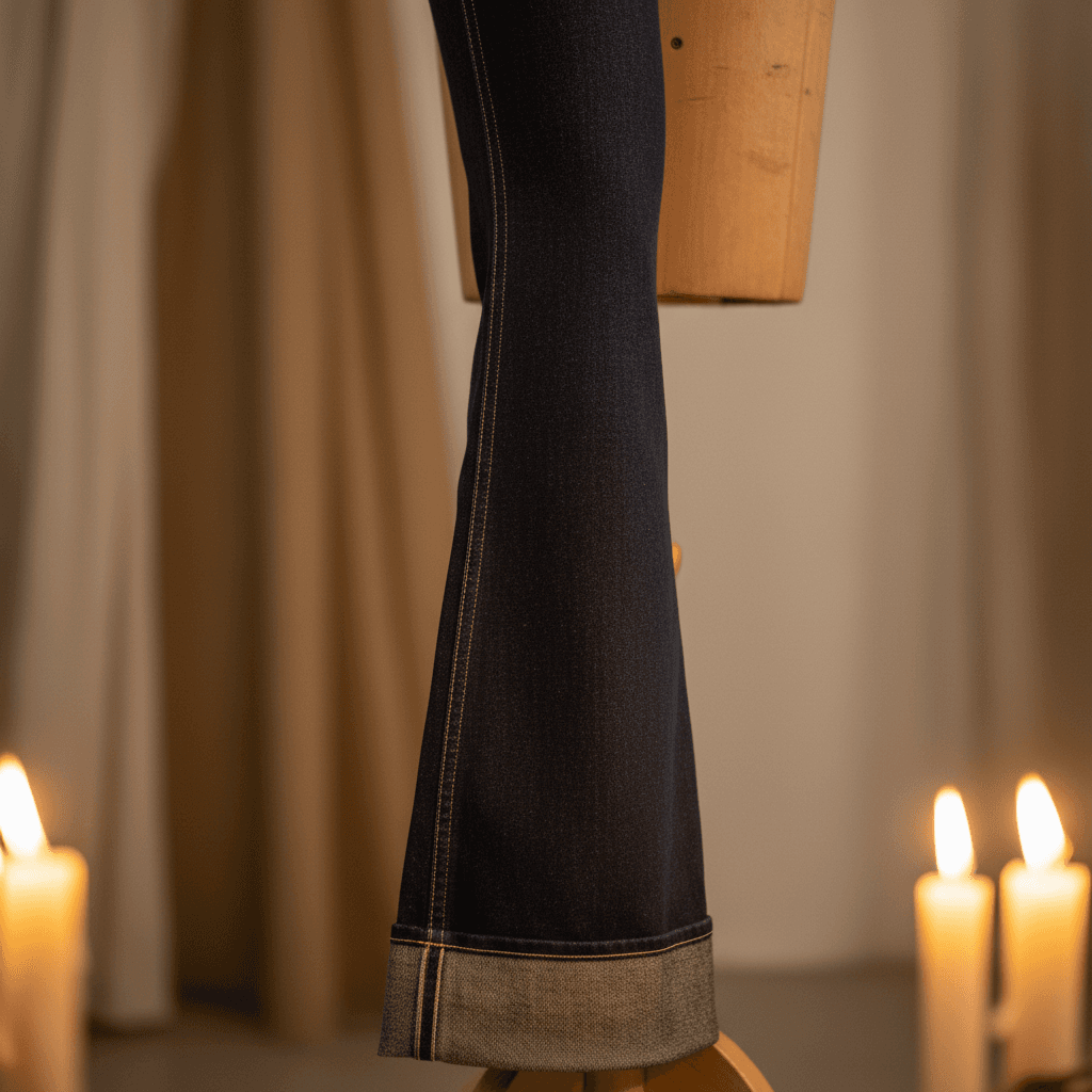 Custom bellbottom trousers with precise hem details