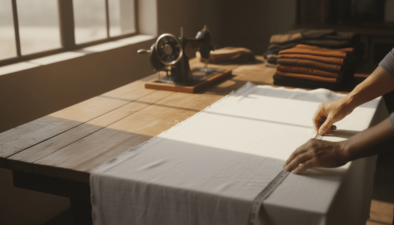 Skilled tailor's hands measuring fabric with precision on a traditional wooden work table in natural morning light