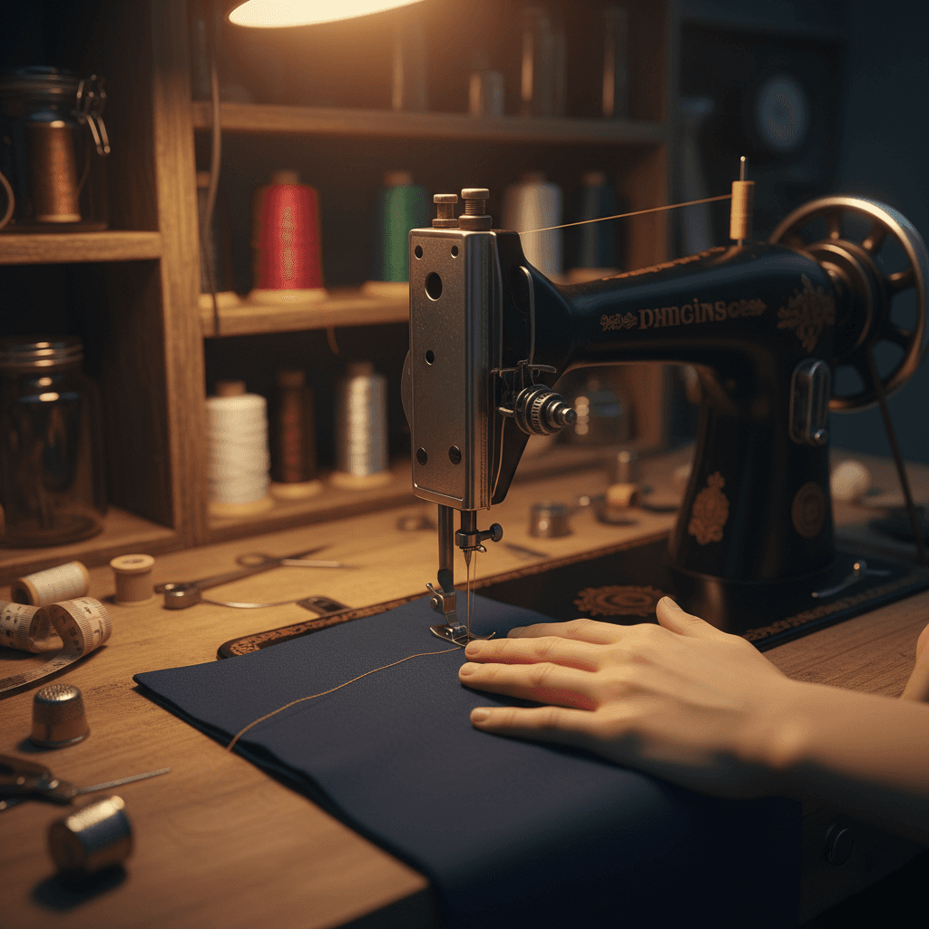 Skilled tailor stitching fabric on professional sewing machine