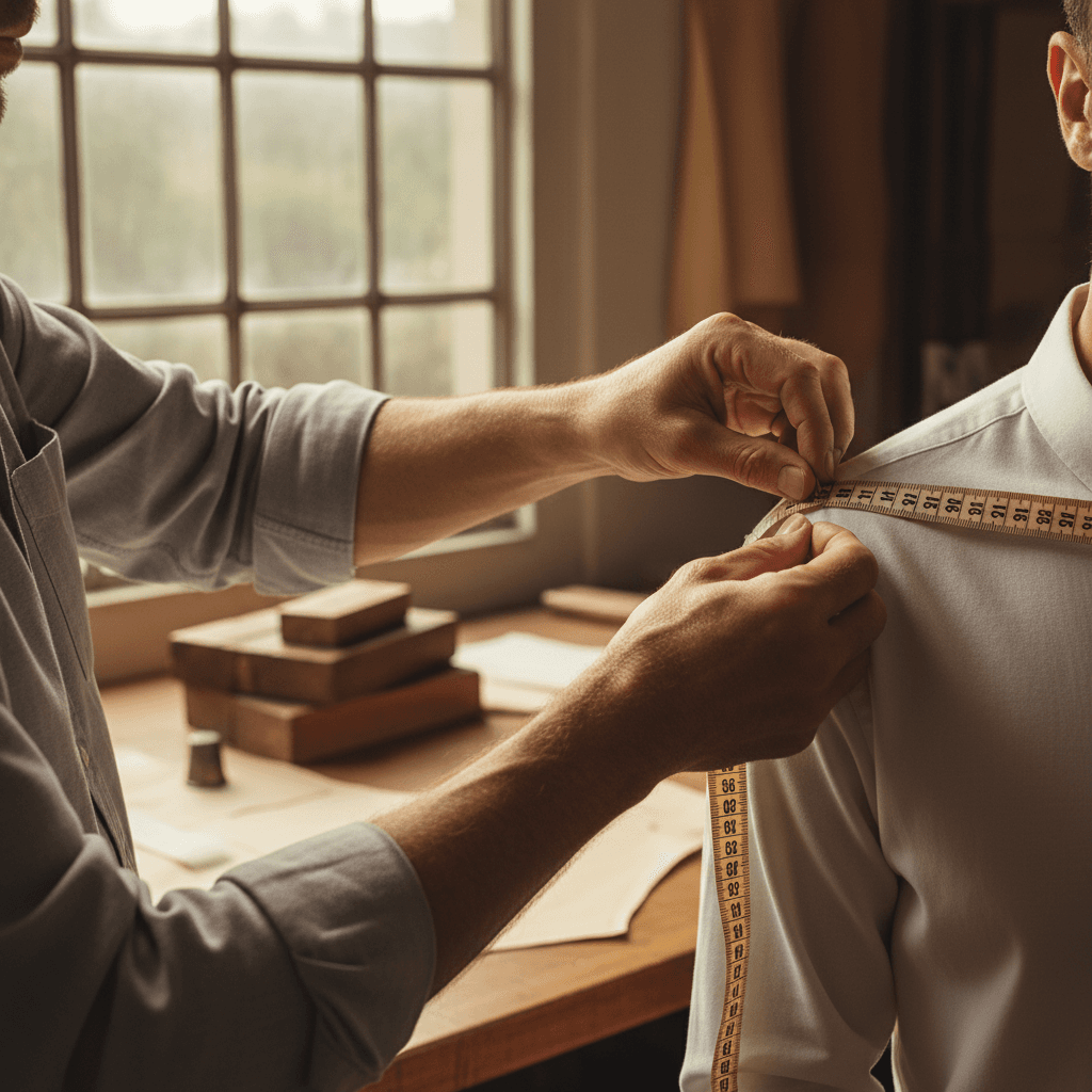 Tailor taking precise body measurements with measuring tape