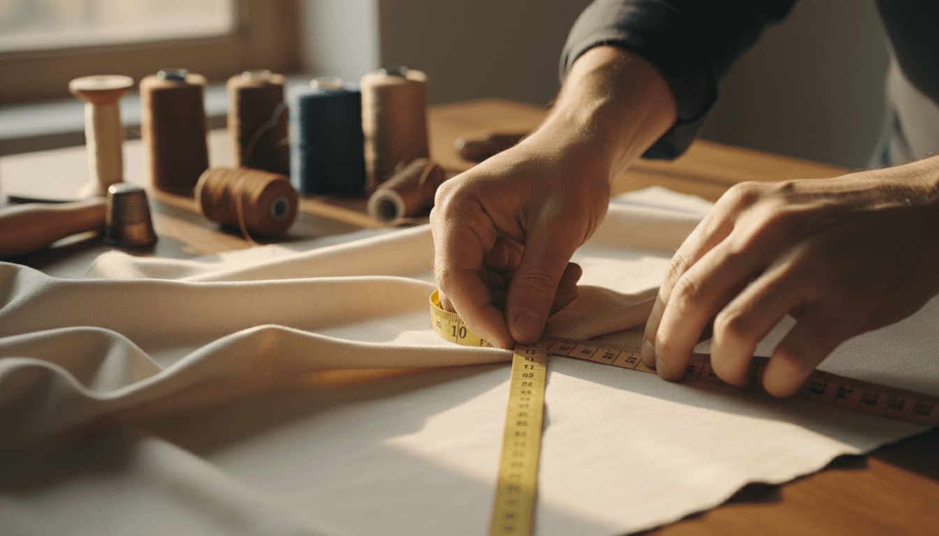 Skilled tailor hands measuring fabric with precision during custom garment fitting