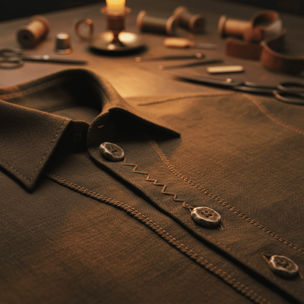 Hunting shirt collar detail showing button work precision