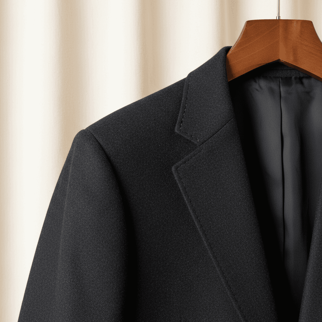 Close-up of blazer shoulder seam and tailoring detail