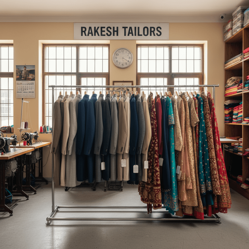 Completed custom garments organized on professional rack ready for customer pickup