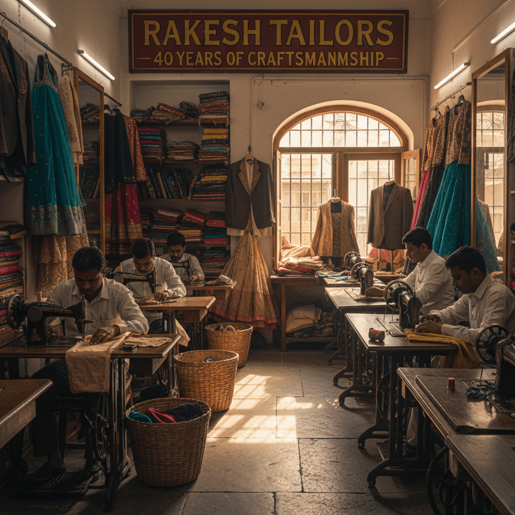 Historic tailoring workshop with vintage sewing equipment and skilled tailors at work
