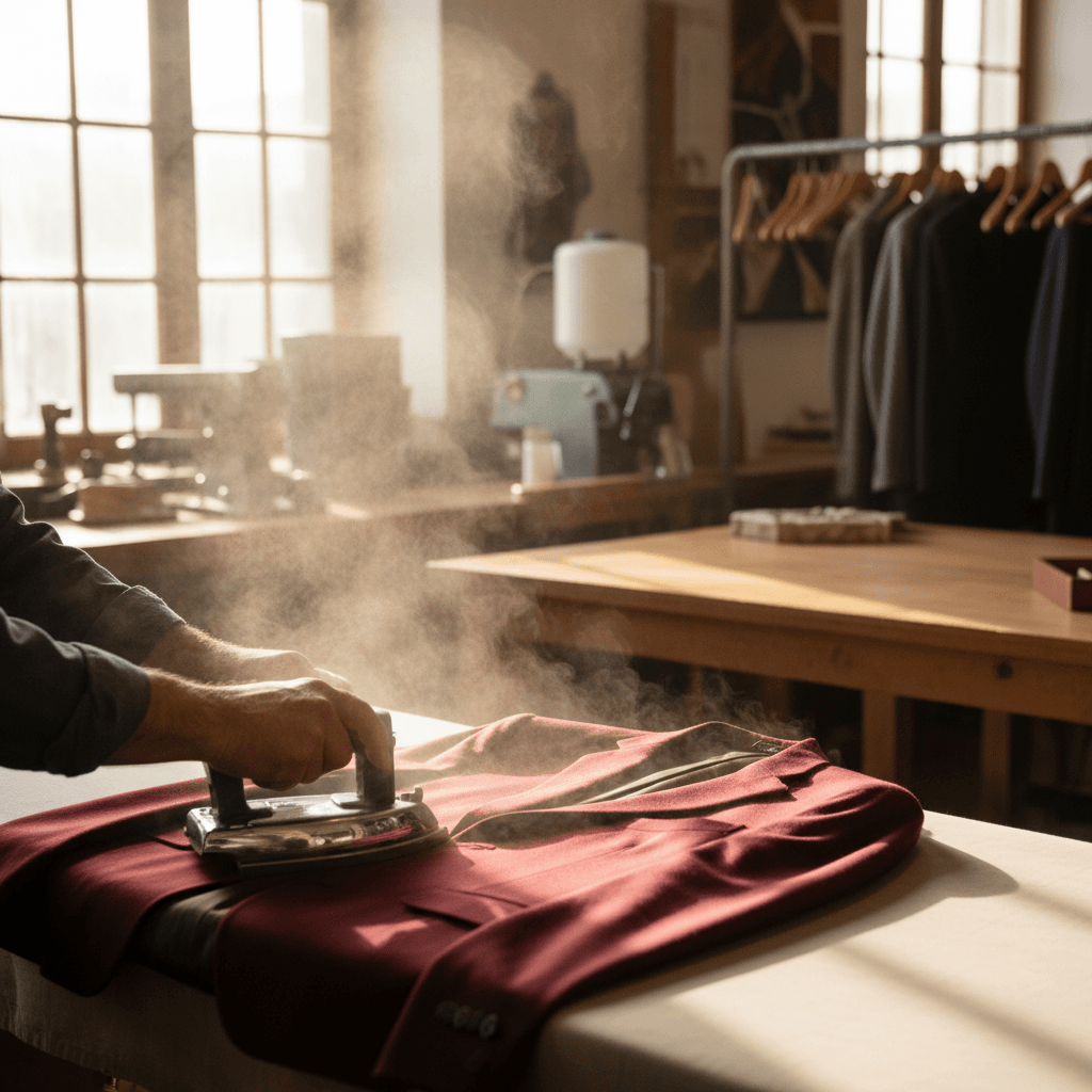 Tailor pressing finished blazer with professional steam iron