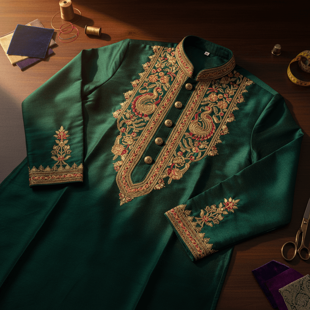 Completed traditional kurta displayed flat showing full construction