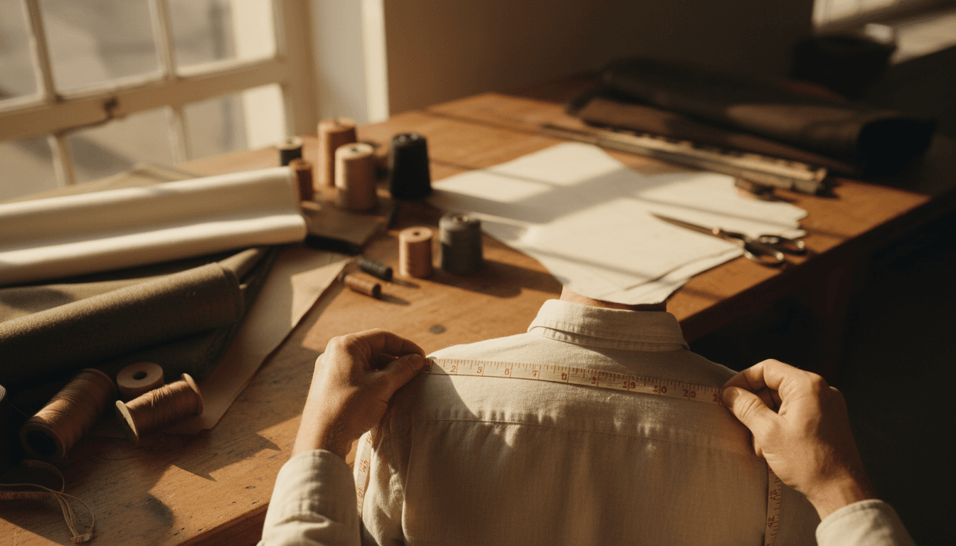 Master tailor taking precise measurements of a customer's shoulders in a sunlit workshop