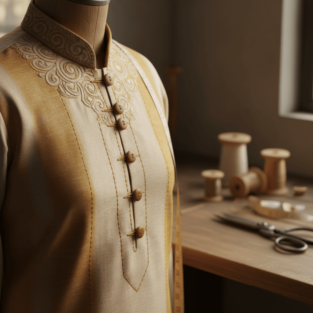 Traditional kurta with detailed stitching on tailor form